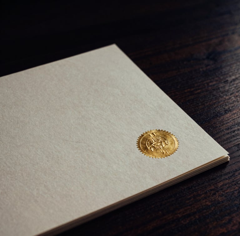 Tight macro shot of a heavy, textured cream-colored paper document with a subtle gold foil embossed seal, placed on a dark walnut desk, moody side lighting with deep shadows.