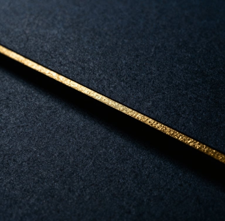 Macro photograph of heavy textured paper with gold leaf edge, casting a deep shadow, moody low-key lighting, dark navy tones.