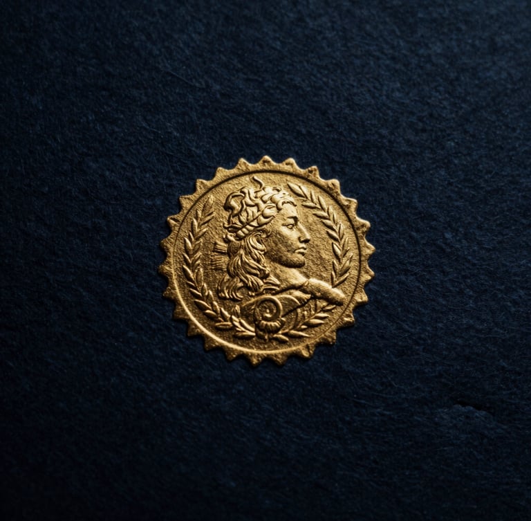 Macro shot of heavy textured cotton paper with gold embossed seal, dramatic moody side-lighting, deep navy shadows, high-contrast 35mm film style