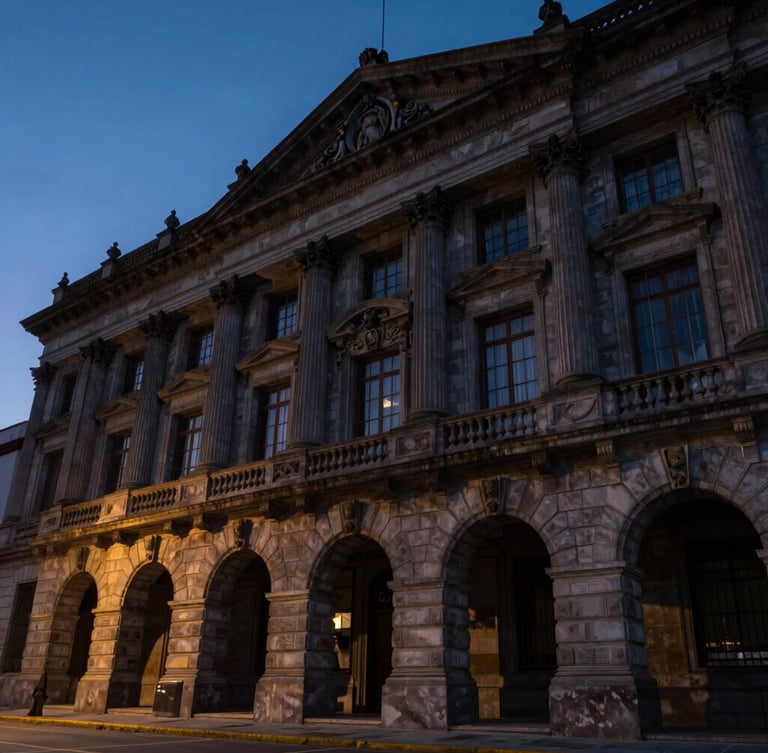 Imposing low-angle shot of the neoclassical facade of a courthouse in Estado de México at dusk, dramatic lighting, deep shadows, deep navy and slate tones, 50mm lens.