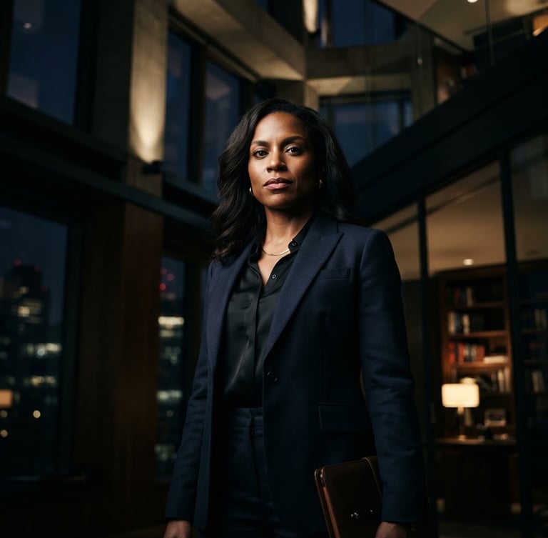 Low-angle portrait of a determined legal professional, dark suit, sharp gaze, in a modern, high-ceilinged office with deep shadows, dramatic lighting, deep navy and gold tones, 50mm lens.