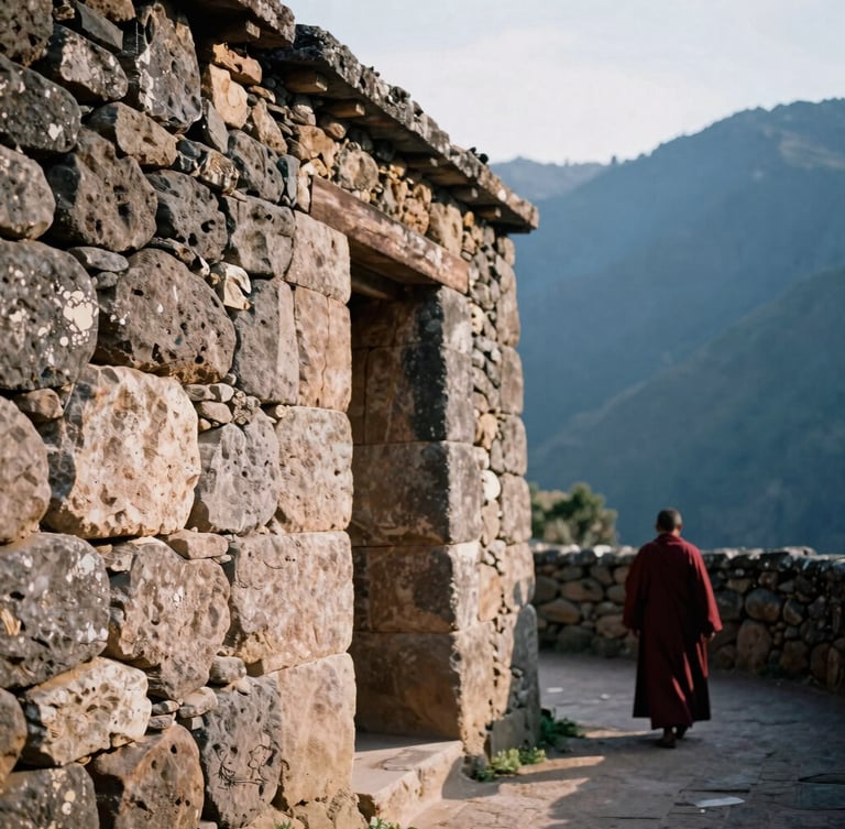 Close-up of ancient stone walls of the monastery in Peru, warm sunlight hitting the rough texture, a Benedictine monk walking in the distance, contemplative film photography.
