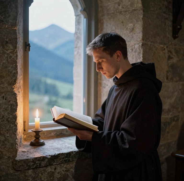 A Benedictine monk in dark robes reading a liturgical book near a stone window, soft natural candle light, contemplative atmosphere