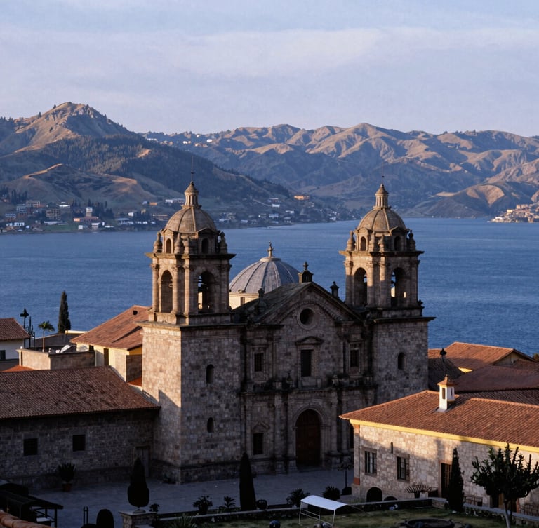 Wide-open panoramic view of the Benedictine monastery in Chucuito, stone architecture overlooking Lake Titicaca under soft morning light, contemplative film photography.