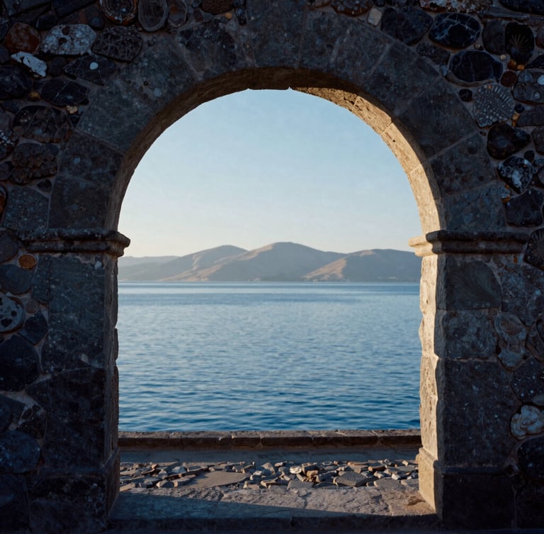 A quiet stone archway of the monastery overlooking the peaceful blue waters of Lake Titicaca, soft morning mountain light, contemplative atmosphere.