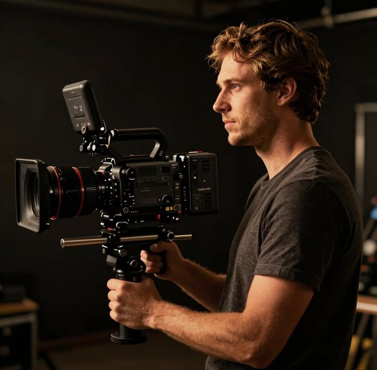 Dramatic environmental portrait of videographer Jeff Martins on a dark film set, low-key lighting with a warm gold key light highlighting his profile, holding a professional cinema camera rig, anamorphic crop.