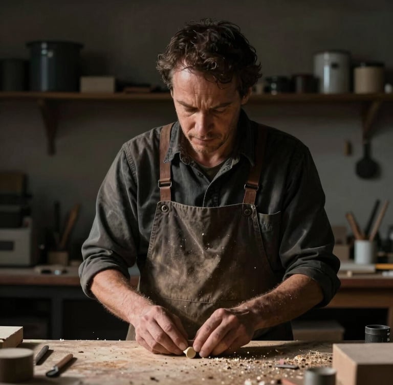 Cinematic portrait of a craftsman in a dark workshop, dramatic side lighting highlighting hands holding raw materials, anamorphic aspect ratio.