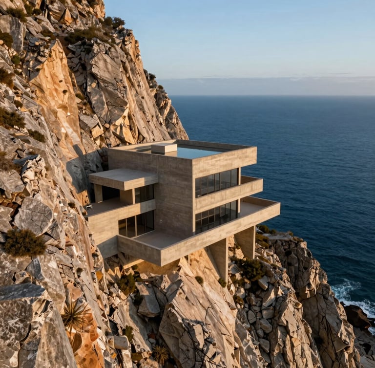 Ultra-wide anamorphic aerial view of a brutalist concrete villa built into a rugged cliffside, dramatic golden hour light casting long shadows, deep blue ocean below.