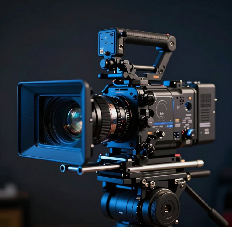 Anamorphic close-up of a high-end cinema camera rigged with a matte box and follow focus, illuminated by a moody blue key light in a dark studio setting.