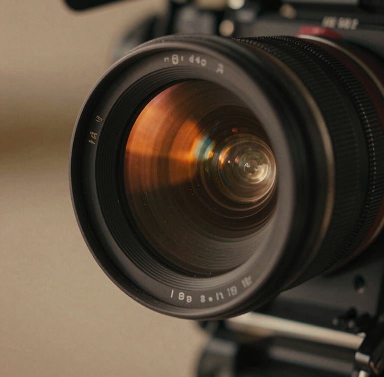 Close-up of a high-end cinema camera lens, dust particles catching a dramatic warm orange light flare, shallow depth of field, cinematic film photography, deep shadows.