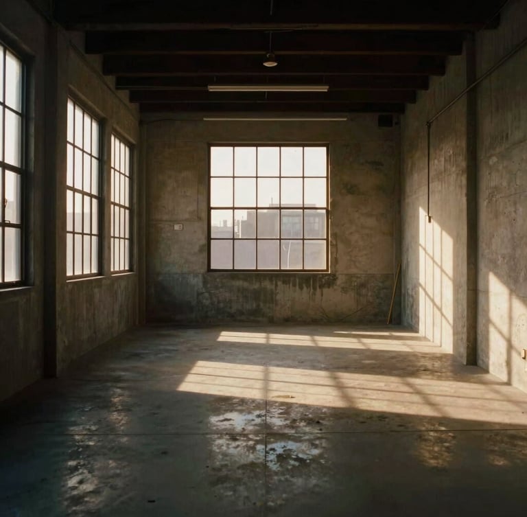 Wide cinematic environmental shot of a moody creative studio space in Los Angeles, concrete walls, warm golden-hour light streaming through industrial windows, high-contrast shadows, architectural frame, off-center composition, 35mm anamorphic lens
