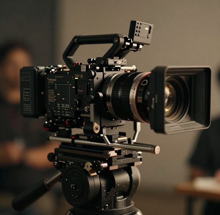 Cinematic close-up of a high-end camera rig on set, dramatic low-key lighting, deep shadows, warm beige reflections on the metallic frame, shallow depth of field, 35mm film photography style
