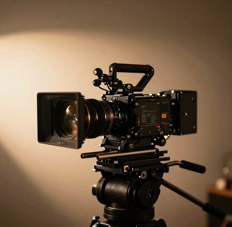Low-key dramatic lighting on a high-end cinema camera rig, warm golden-hour flares, deep shadows, 35mm anamorphic lens