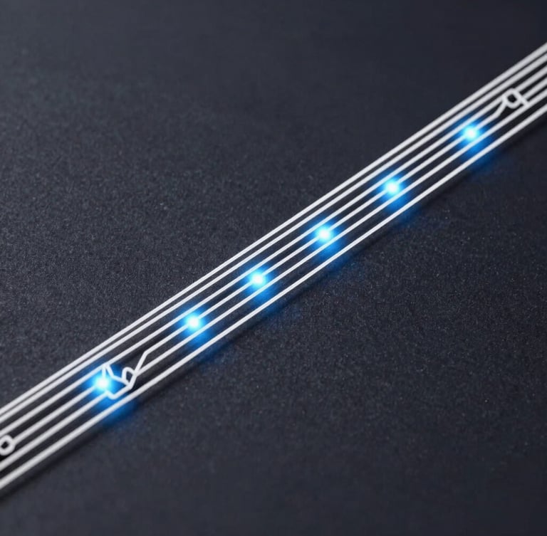 High-contrast technical schematic diagram of electrical current flow, white line-work on a deep slate background, electric blue highlights showing voltage stabilization.