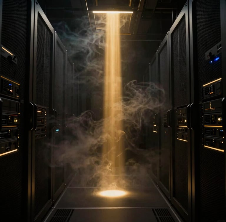 Dark high-tech server room shrouded in smoke with glowing gold light shafts cutting through deep shadows, cinematic 3d render, 35mm anamorphic lens