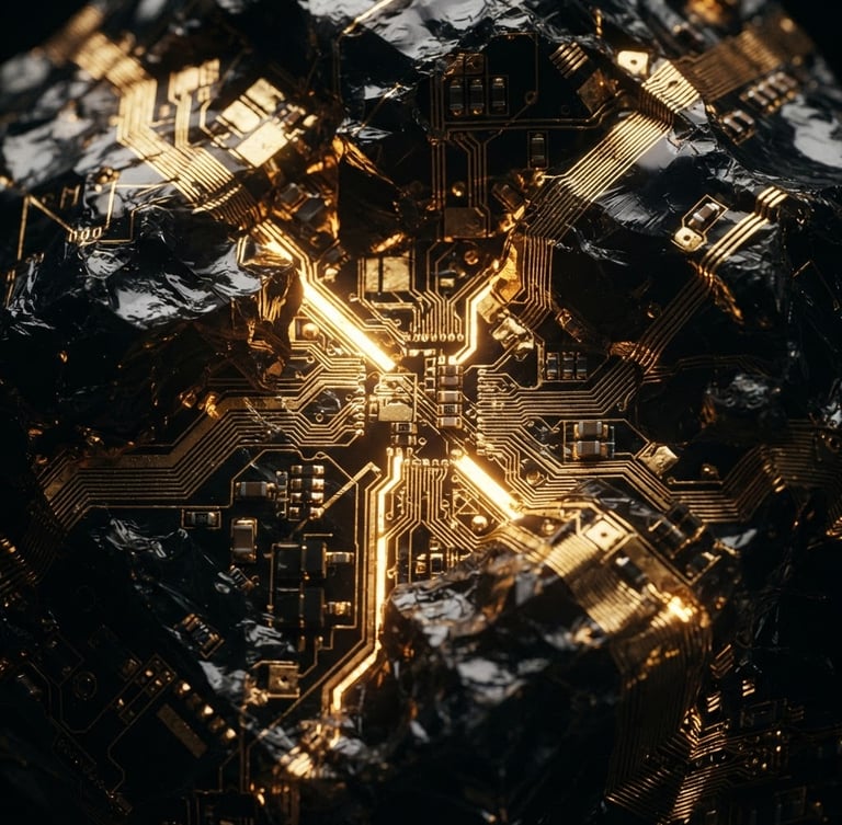 Extreme macro of metallic gold circuitry embedded in dark obsidian, glowing gold light cutting through deep shadows, cinematic 3d render, 35mm anamorphic lens