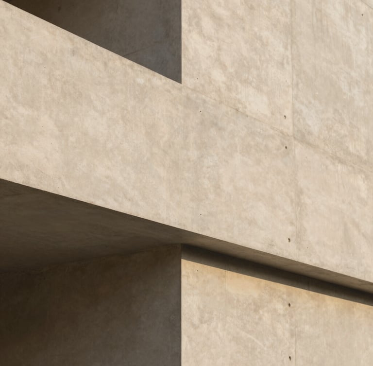 Architectural detail of a minimalist concrete building facade, clean geometric lines, soft diffused daylight, warm sand tones