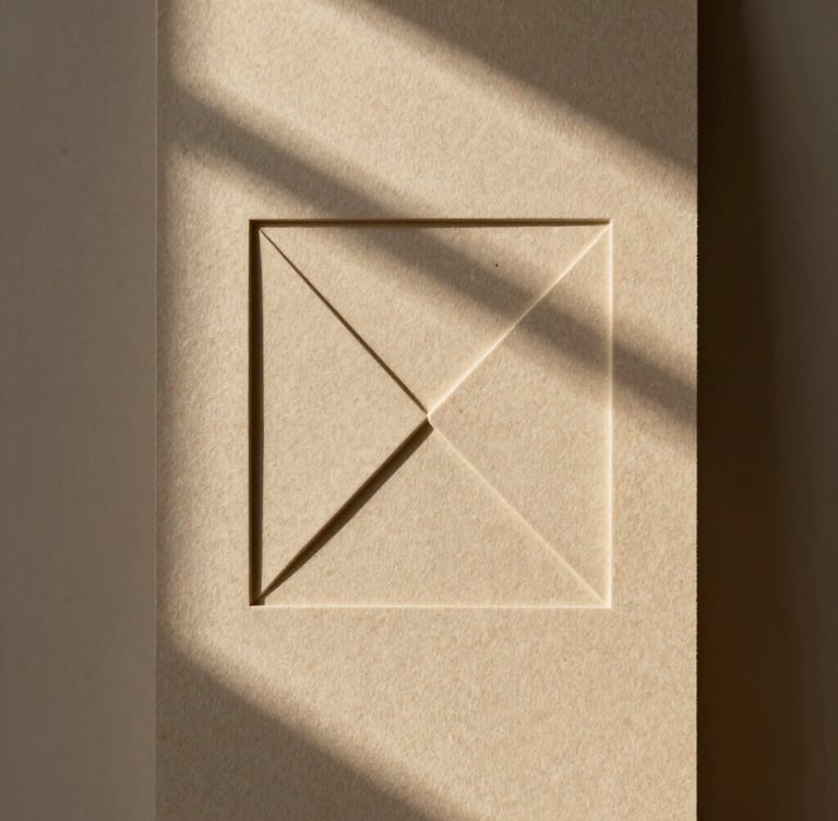 Macro shot of embossed warm sand paper stock with a clean geometric blind deboss, soft natural window light, architectural shadows
