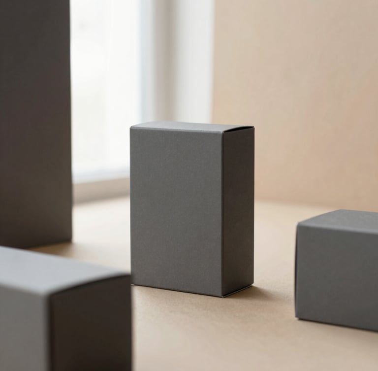 Minimalist physical packaging mockup, clean geometric boxes in muted charcoal and ash gray tones, soft overcast window light, 50mm lens.