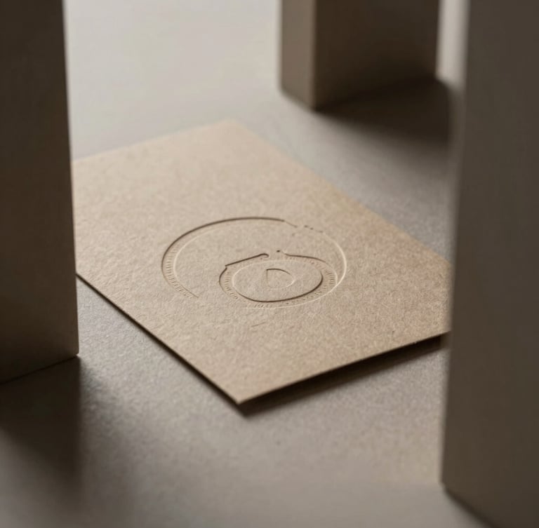 Close-up of physical brand collateral with embossed textures on heavy paper stock, soft overcast daylight, architectural framing, 50mm lens