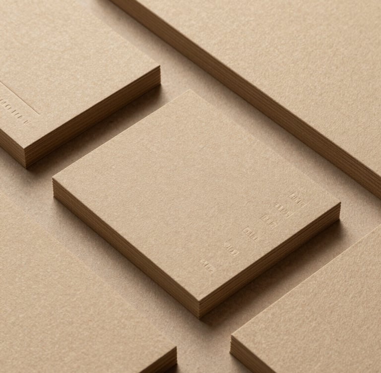 Close-up of minimalist printed stationery, embossed business cards on warm sand textured paper stock, soft natural daylight, architectural alignment.