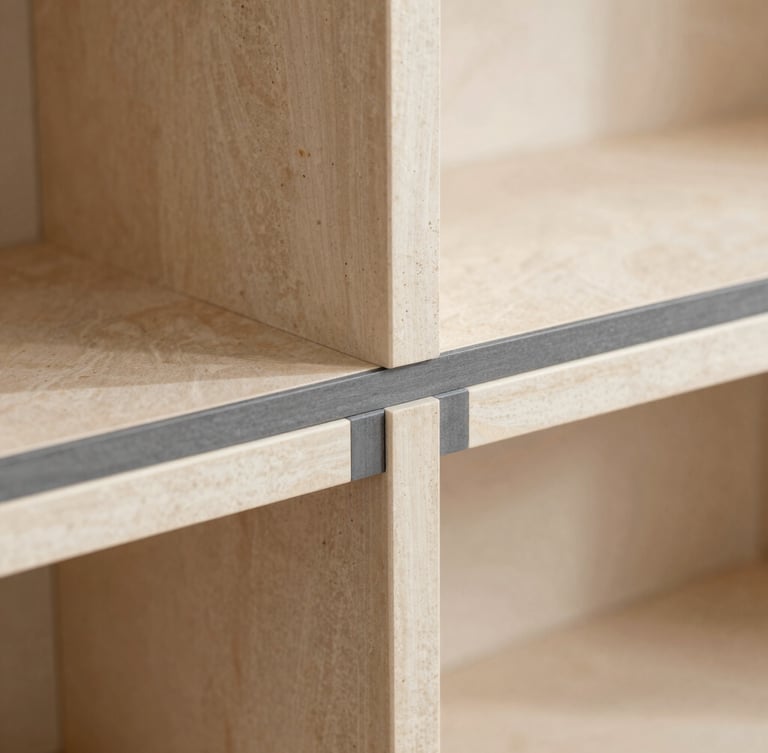 Macro shot of a craftsman leveling a bespoke cabinet joint, warm stone and charcoal tones, sharp focus, 35mm