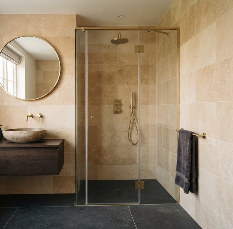 Architectural photograph of a luxury bathroom with a bespoke wetroom layout, warm stone tiling with millimeter-perfect alignment, brushed brassware, soft natural daylight, 35mm