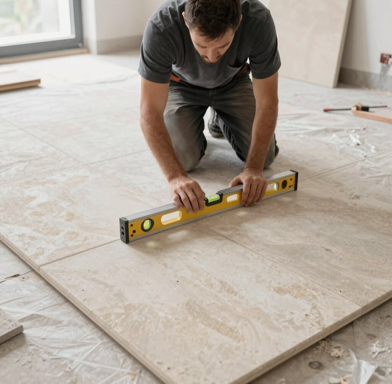 A professional tiler using a precision level on a large-format stone tile, clean work environment with protective sheets, bright natural daylight, 35mm