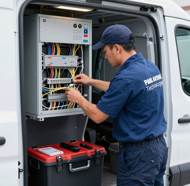 Medium shot of a Park Avenue Technologies field technician in branded uniform, actively working on structured cabling inside a utility van, tools organized, clean and bright commercial lighting, sharp focus on physical technology.