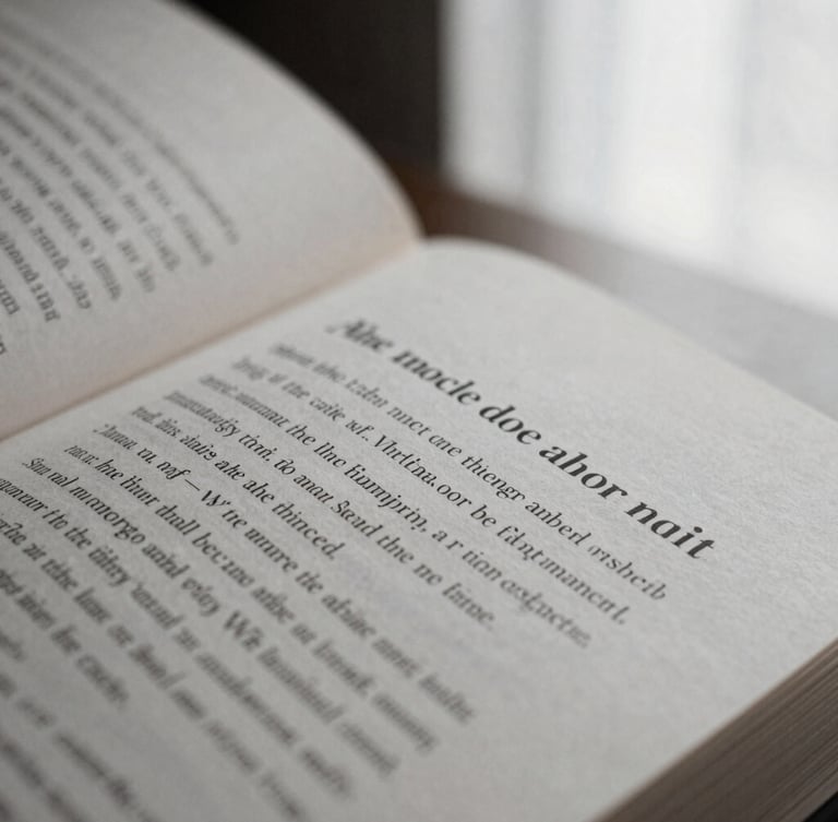 A close-up macro shot of open book pages showing elegant serif typography, tactile paper texture, soft side lighting with deep shadows, desaturated tones.