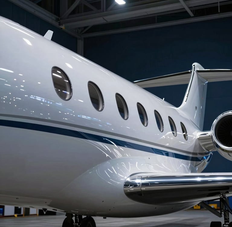 Sleek private jet fuselage reflecting dramatic hangar lights, cool-toned metallic silver reflections, sharp architectural lines