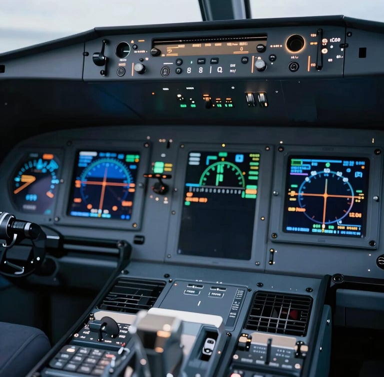 Close-up of high-end cockpit avionics, glowing digital flight deck instruments reflecting cool metallic tones, sharp geometric focus