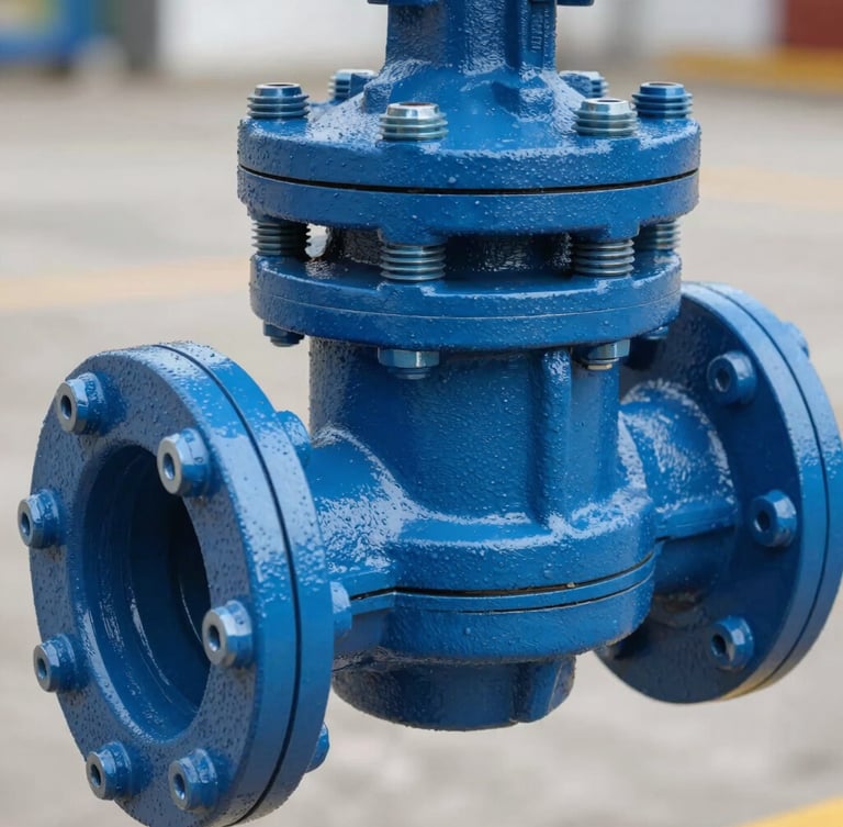 Close-up of a heavy-duty blue epoxy-coated cast iron gate valve, industrial bolts and flange details, sharp technical lighting, daylight.
