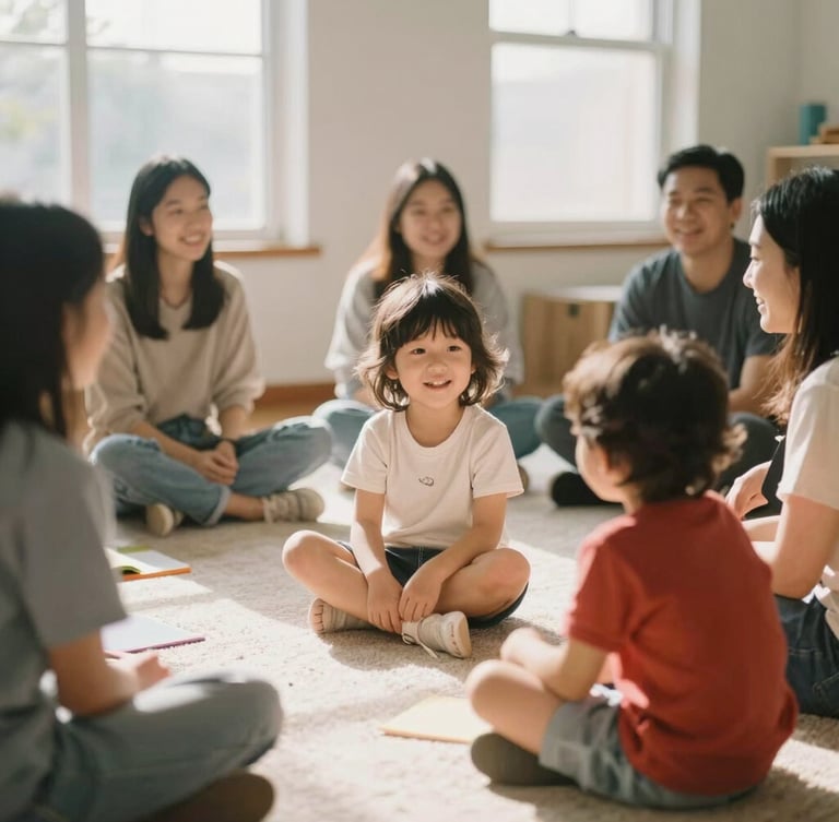 Candid, warm-toned photograph of a community learning environment with parents and young children sitting together on a soft rug, natural morning light streaming through large windows, shallow depth of field, 35mm film look.
