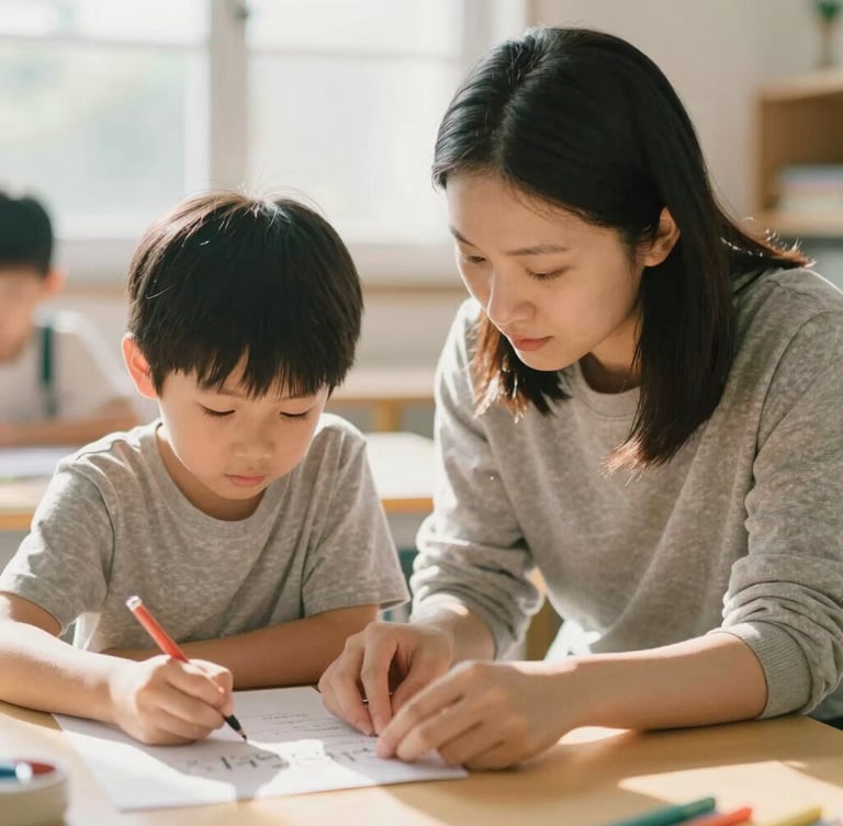 Candid medium shot of a mentor guiding a parent and child through an educational activity, warm afternoon daylight, soft organic tones, 35mm film look