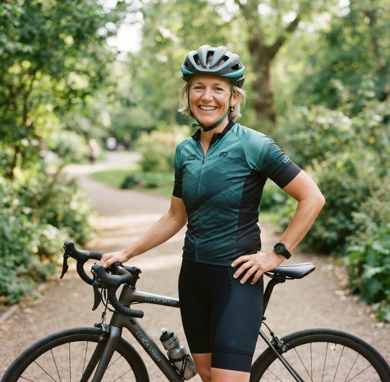 A warm, candid outdoor portrait of a friendly female cycling coach in her late 40s, wearing a helmet, smiling warmly at the camera next to a bicycle in a leafy green park, soft natural daylight, 35mm.