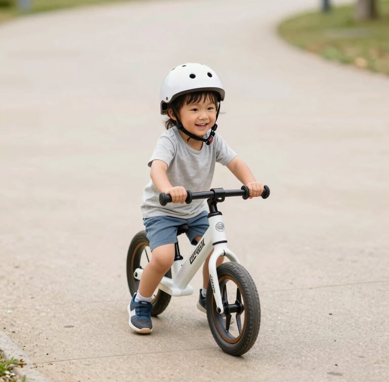 A young child smiling while riding a balance bike on a smooth park path, wearing a helmet, warm natural daylight, candid medium shot, shallow depth of field