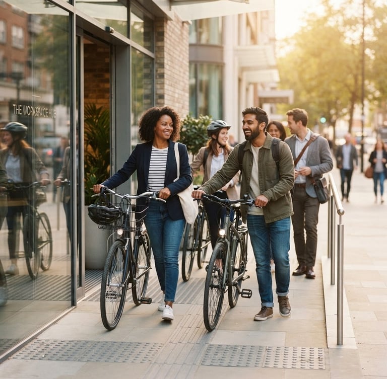 Candid editorial photo of diverse office colleagues in smart-casual wear wheeling commuter bicycles out of a modern workplace entrance, warm morning sunlight, shallow depth of field.