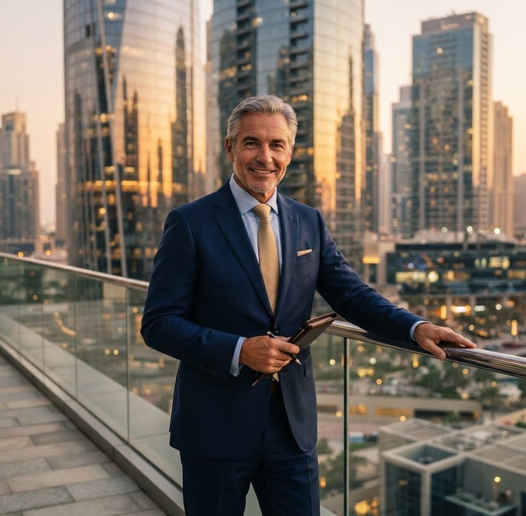 A professional golden-hour portrait of a senior real estate broker in business attire, modern Dubai architectural glass facade reflecting warm light in the background, sharp focus, 35mm lens.