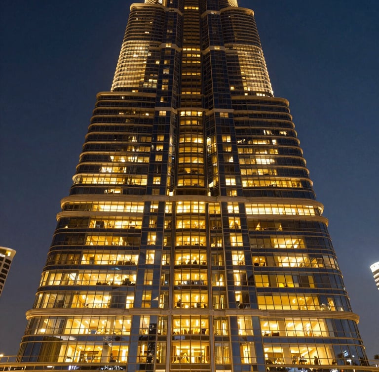 Wide-angle architectural detail of a modern luxury residential tower in Dubai during twilight, warm interior lights glowing through floor-to-ceiling glass, deep navy sky, sharp focus.