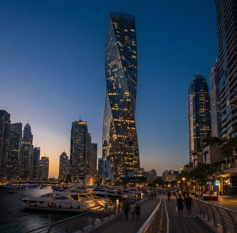 Wide-angle architectural dusk shot of a modern glass skyscraper in Dubai Marina, warm golden hour reflections, sharp focus, 35mm lens