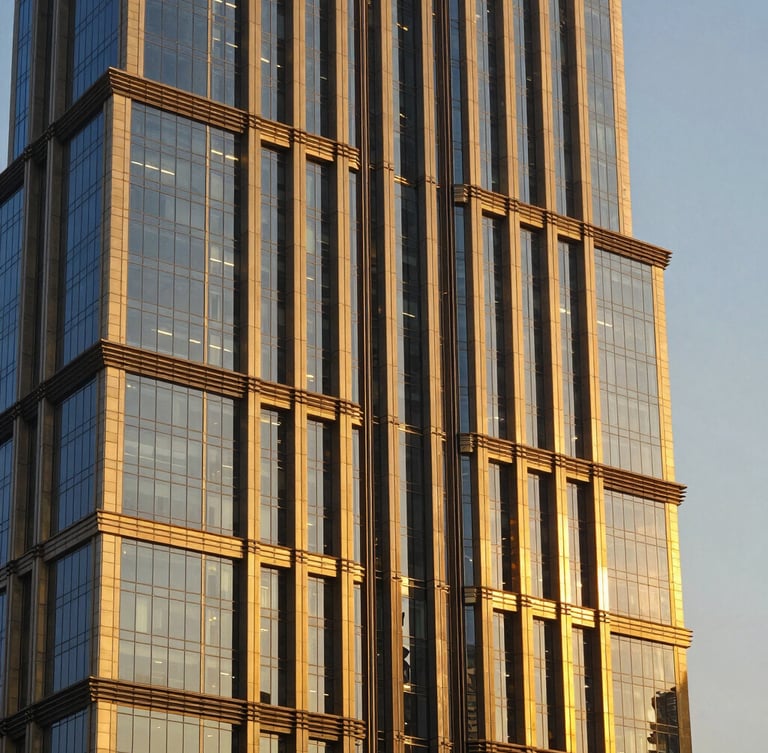 Close-up architectural photography of a modern Dubai skyscraper facade, sharp geometric brass and glass details, warm golden-hour light