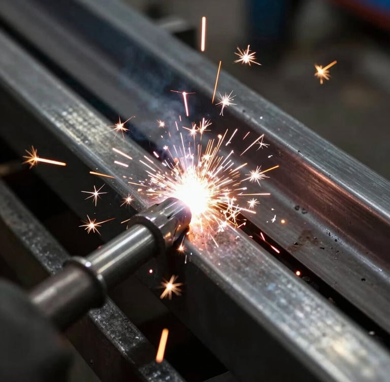 Close-up of electrowelding sparks on a stainless steel conveyor belt, high-contrast industrial lighting, sharp focus on the weld bead