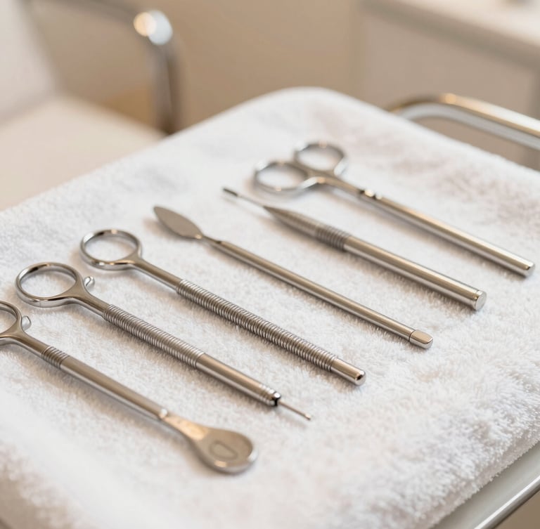 Close-up of clean, sterilized salon tools neatly arranged on a white towel, soft warm lighting, shallow depth of field, modern wellness-editorial style.