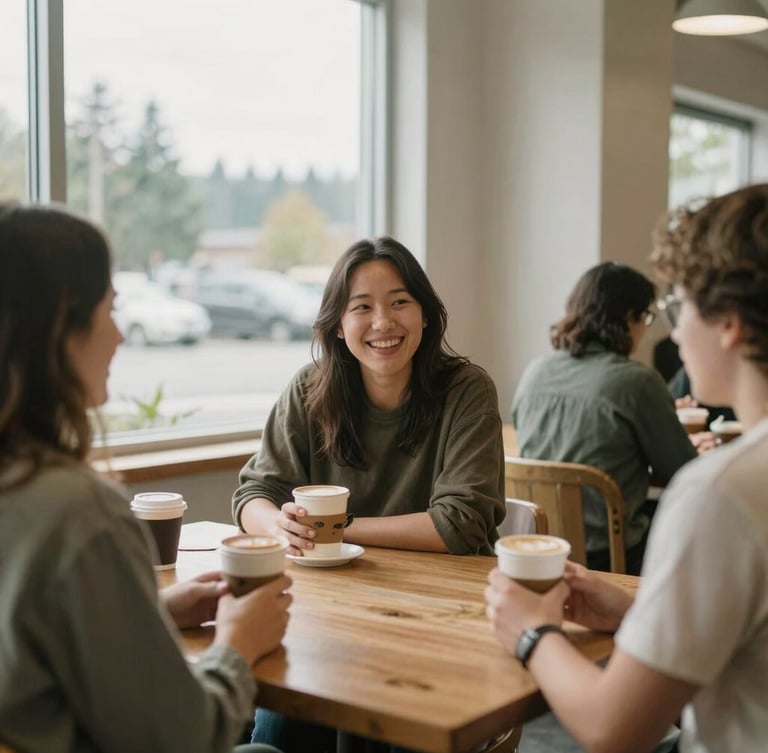 Candid medium shot of people talking warmly over coffee in a bright, welcoming community room in Lynnwood, soft natural window light, 35mm.