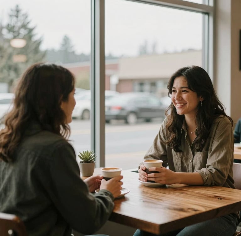 Candid eye-level shot of two people talking over coffee in a warm, welcoming Lynnwood community center, soft natural window light, 35mm editorial style.