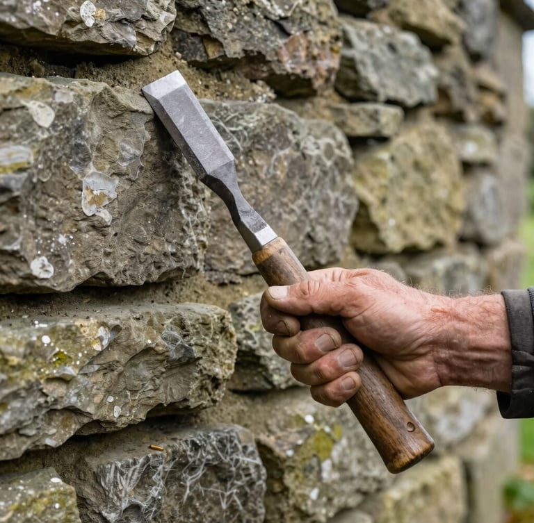 A close-up of a stone mason's weathered hands holding a heavy chisel against a rough Yorkshire dry-stone wall, natural side lighting with deep shadows