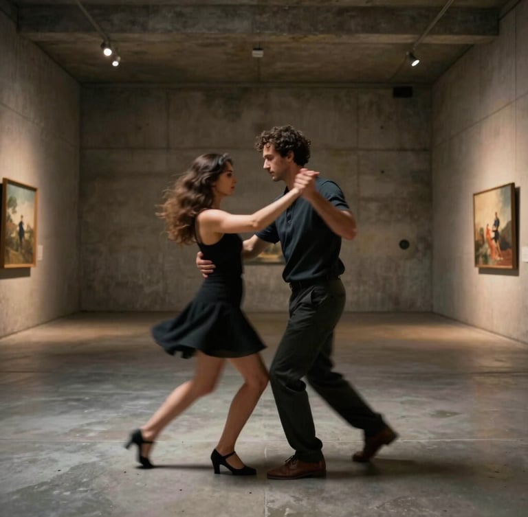 Candid motion blur of a couple dancing in a concrete gallery space, low-light flash with intentional motion drag.