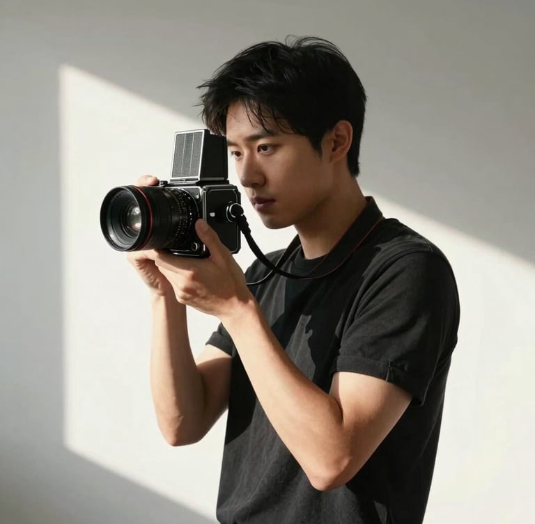 Portrait of an editorial photographer holding a medium-format camera, natural side-lighting, high-contrast shadows, minimalist studio setting.