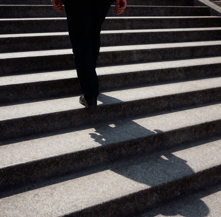 Direct harsh sunlight on a concrete staircase, shadow of a couple walking hand-in-hand cast long across the steps, high-contrast, medium-format film grain.